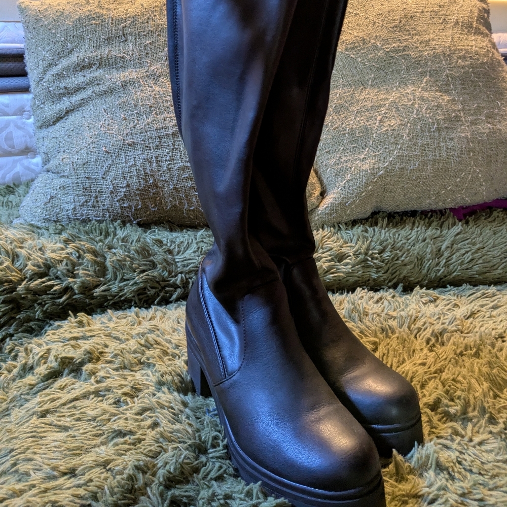 Madden Girl, Stretch Black Knee-High Platform Women's Boots